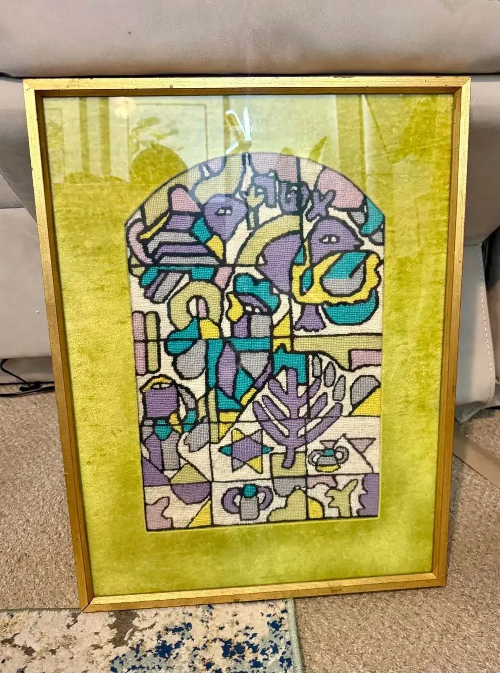 Vintage Needlepoint Stained Glass Window Motif Wall Art w/ Velvet Matting
